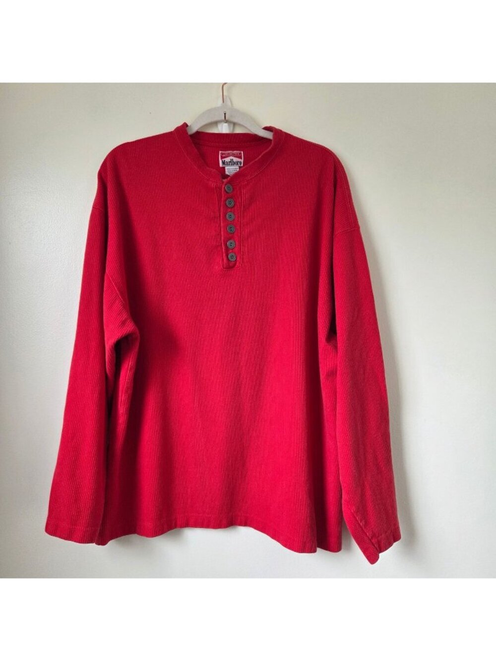 Vintage Marlboro Red Ribbed Long Sleeve Cotton Henley Size XXL